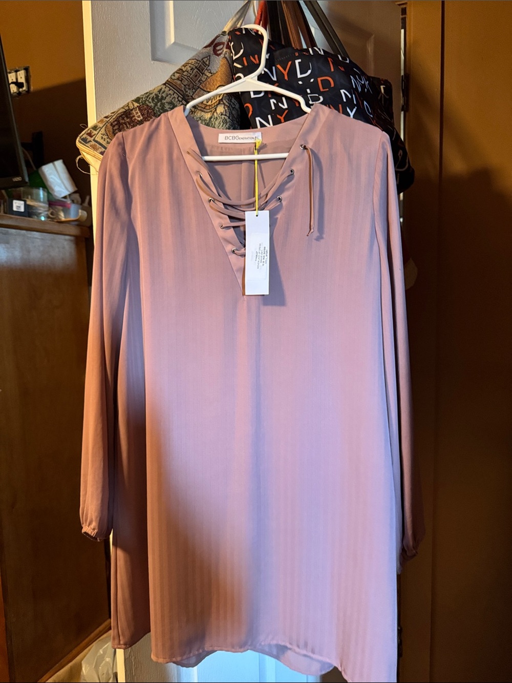 BCBGeneration Mauve Lace-Up Long Sleeve Shift Dress